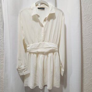 Cream White long sleeve elegant shirt tunic dress